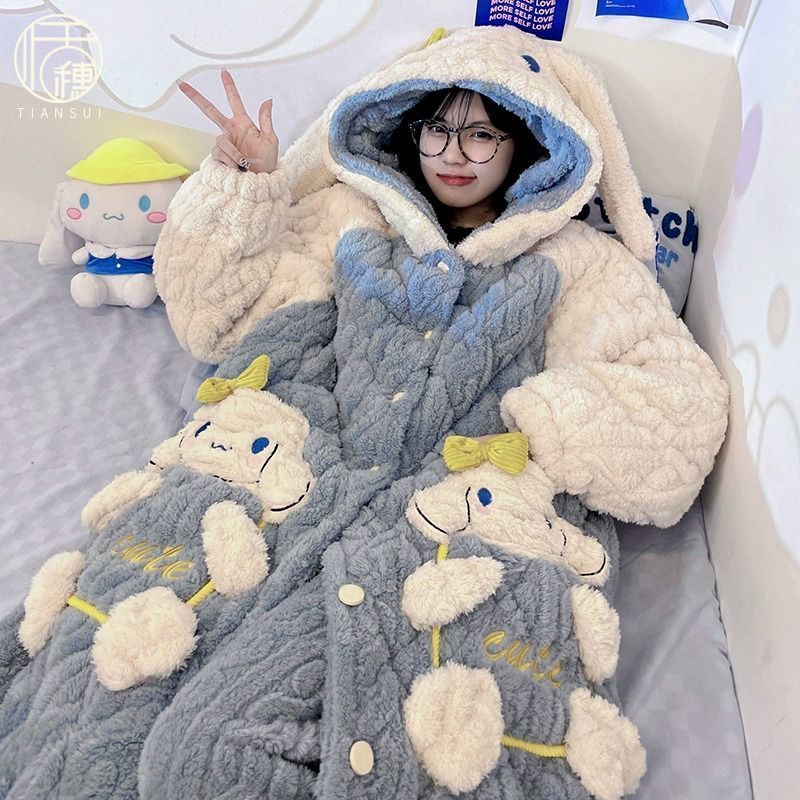 珊瑚絨睡衣女款冬季加厚加絨可愛長款睡袍保暖三層夾棉家居服套裝