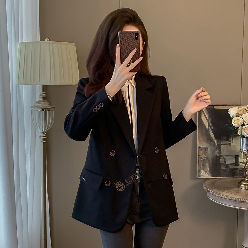 Black small suit jacket for women autumn and winter 2023 new high-end Korean style casual thickened professional suit top