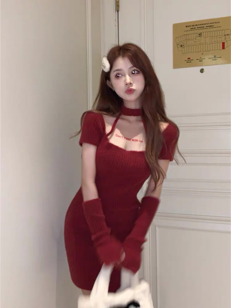Halter neck square neck short sleeve knitted dress for women autumn and winter Christmas atmosphere wear hip-hugging skirt short skirt
