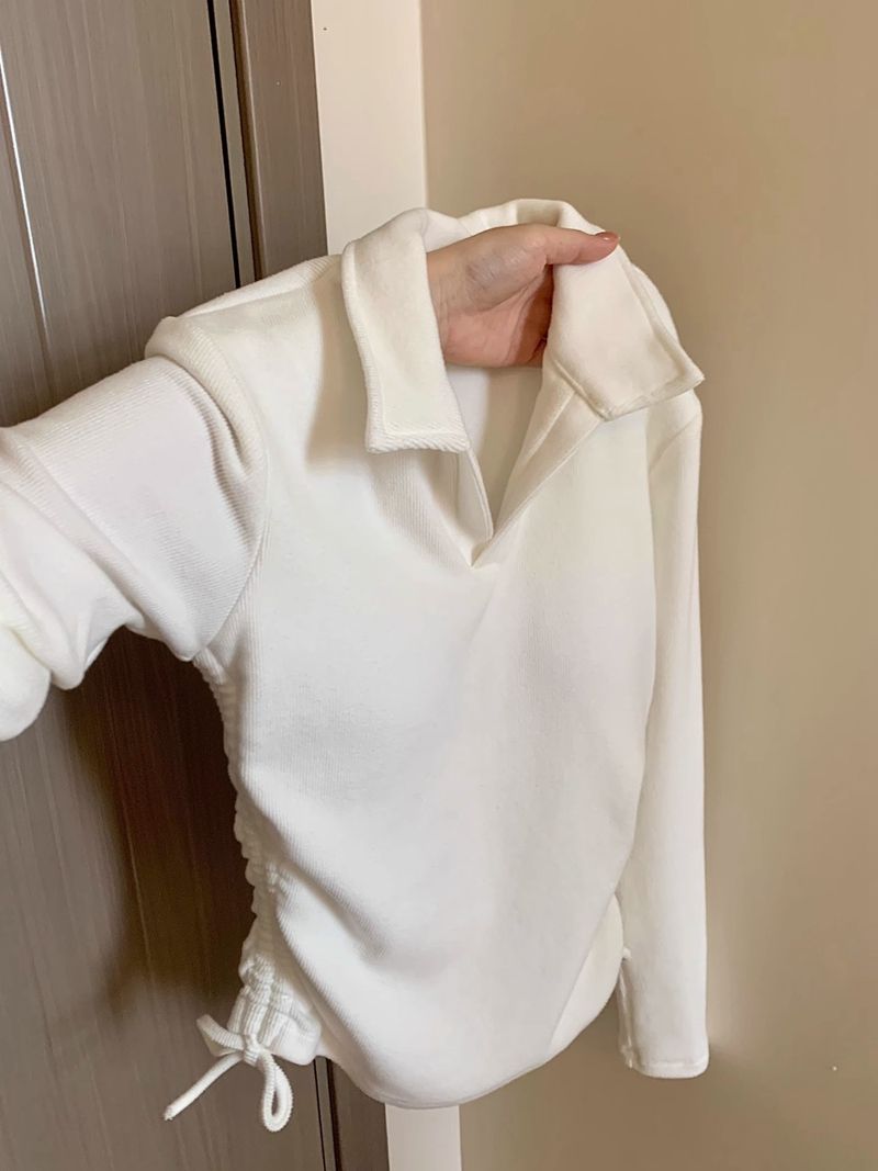 高級感polo領抽繩長袖T恤女春秋冬設計感小眾純欲甜辣打底衫上衣