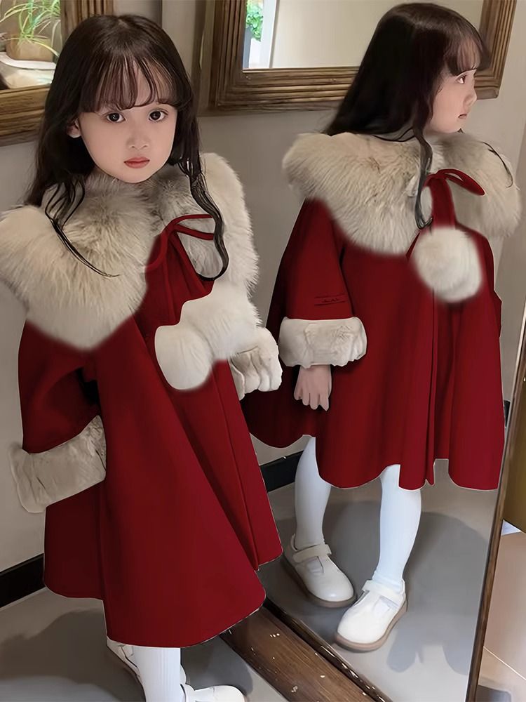 女童外套秋冬款2023新款冬季大衣儿童新年衣服童装加绒红色过年服