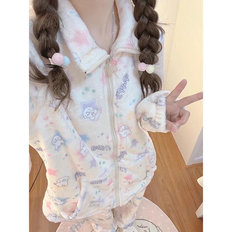 珊瑚絨睡衣女款冬季加厚新款卡通可愛日系法蘭絨家居服套裝可外穿