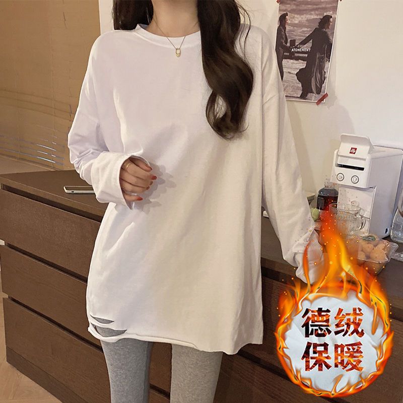 雙面德絨白色破洞t恤女中長款寬鬆加絨秋冬長袖上衣磨毛內搭打底