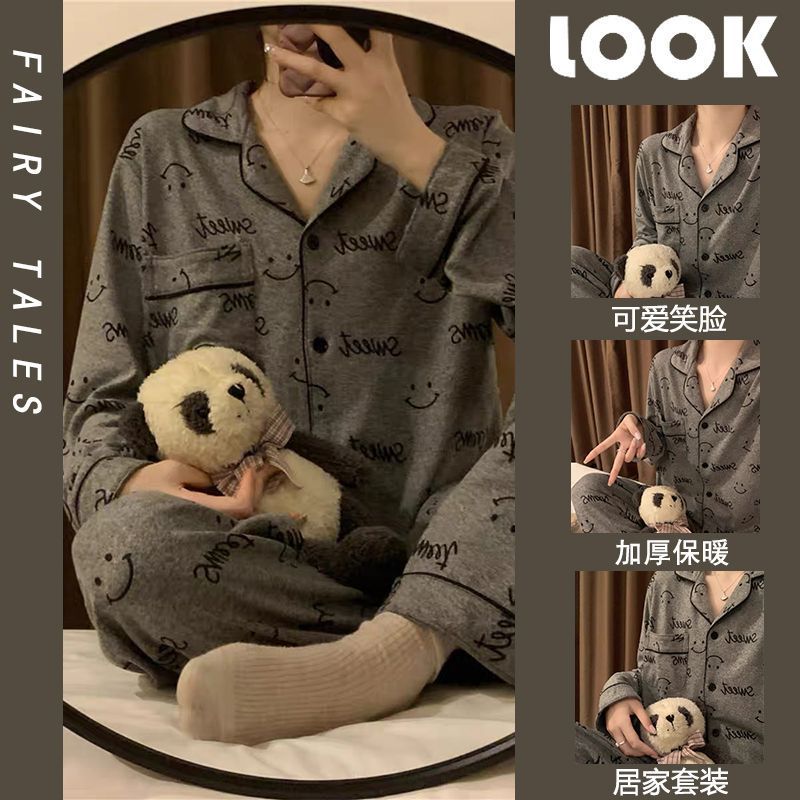 ins letter smiley face pajamas for women in spring, autumn and winter plus velvet and thickened warm velvet student outer wear home clothes set