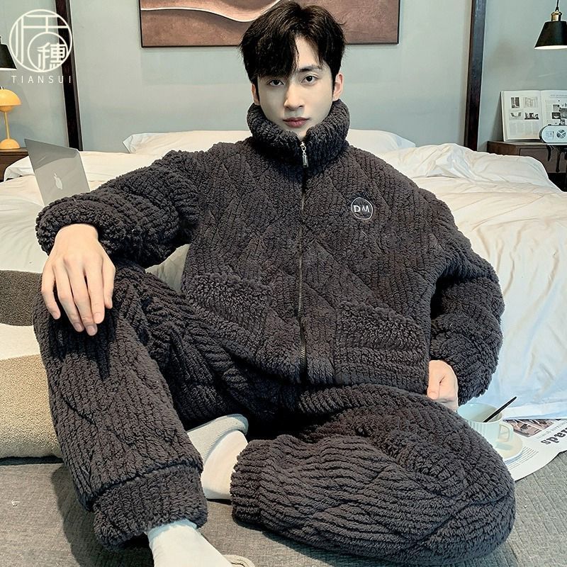 男士珊瑚絨睡衣三層夾棉襖冬季天款加絨加厚拉鏈法蘭絨男生家居服