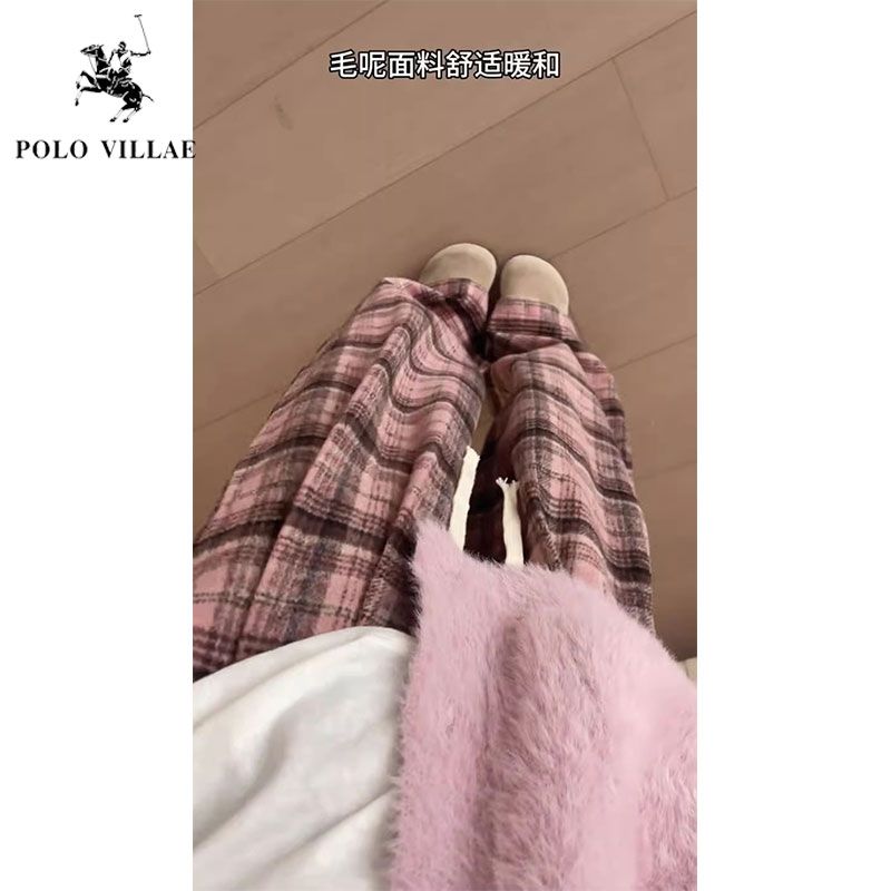 High-waisted pink plaid trousers for women, casual retro autumn and winter plus velvet, loose and drapey trousers for small people