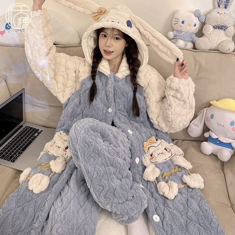 三層夾棉襖睡衣女冬季珊瑚絨長袍加絨加厚保暖法蘭絨家居服兩件套