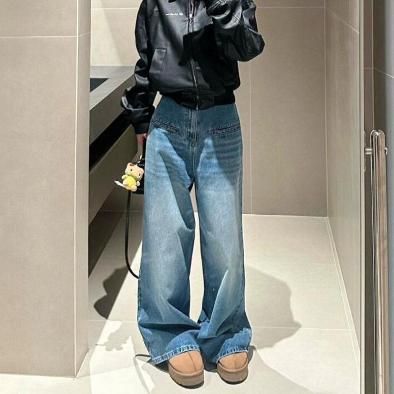 美式復古做舊高腰闊腿牛仔褲女小個子垂感直筒顯瘦拖地長褲ins潮