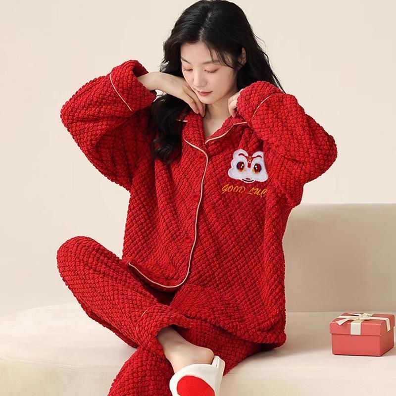 Zodiac Year Red Pajamas Autumn and Winter  New Coral Velvet Plus Velvet Thickened Warm Home Clothing Set for Women