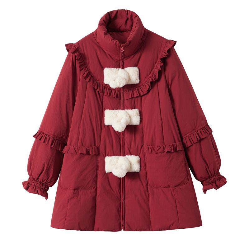 立领国风圣诞款羽绒服女冬季新款木耳边红色羽绒大衣外套新年战袍