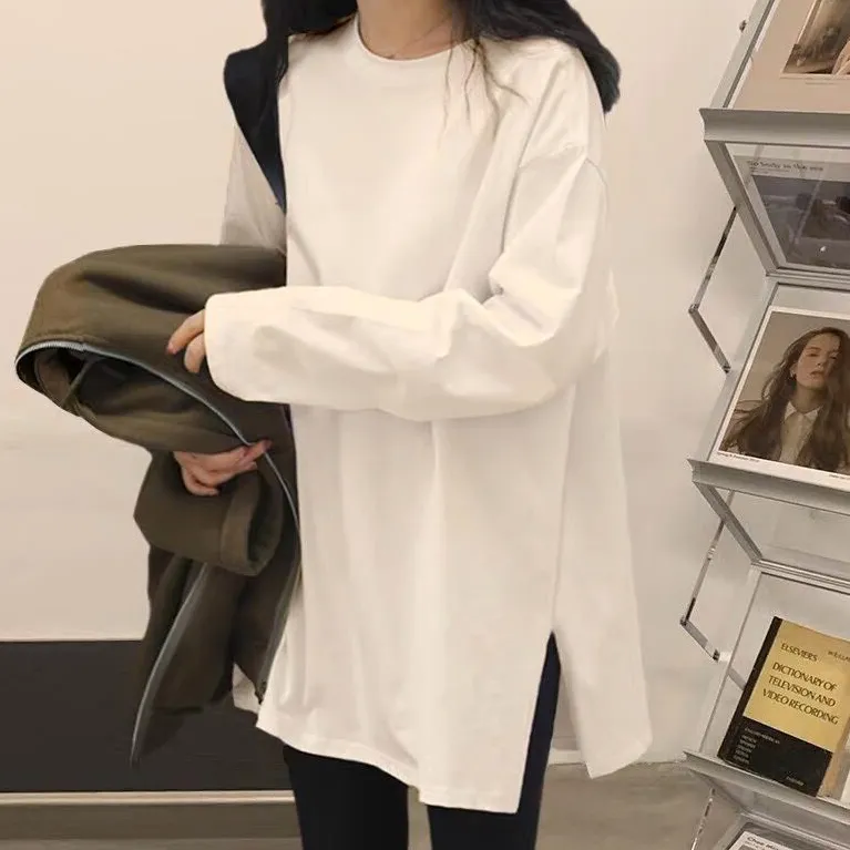 白色打底衫女春秋冬季新款內搭加絨加厚長袖T恤女寬鬆中長款上衣