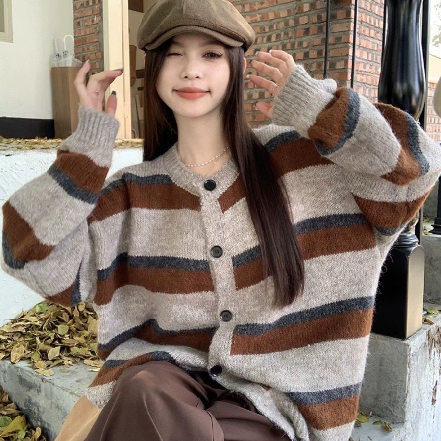 條紋毛衣女秋冬季2023新款爆款復古慵懶風上衣高級感針織開衫外套