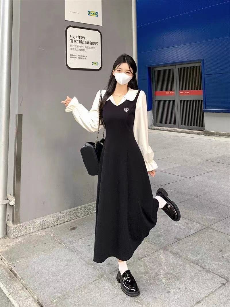 黑色秋冬連衣裙女秋季2023新款顯瘦中長裙秋冬胖mm連衣裙收腰長裙