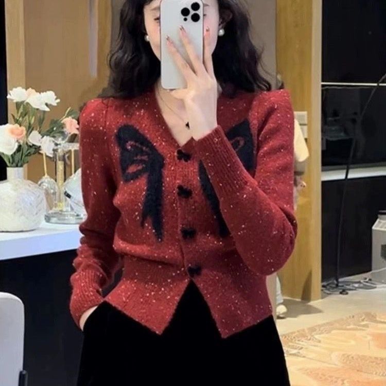 聖誕紅設計感V領蝴蝶結針織開衫女秋冬打底衫短小香風高級感上衣