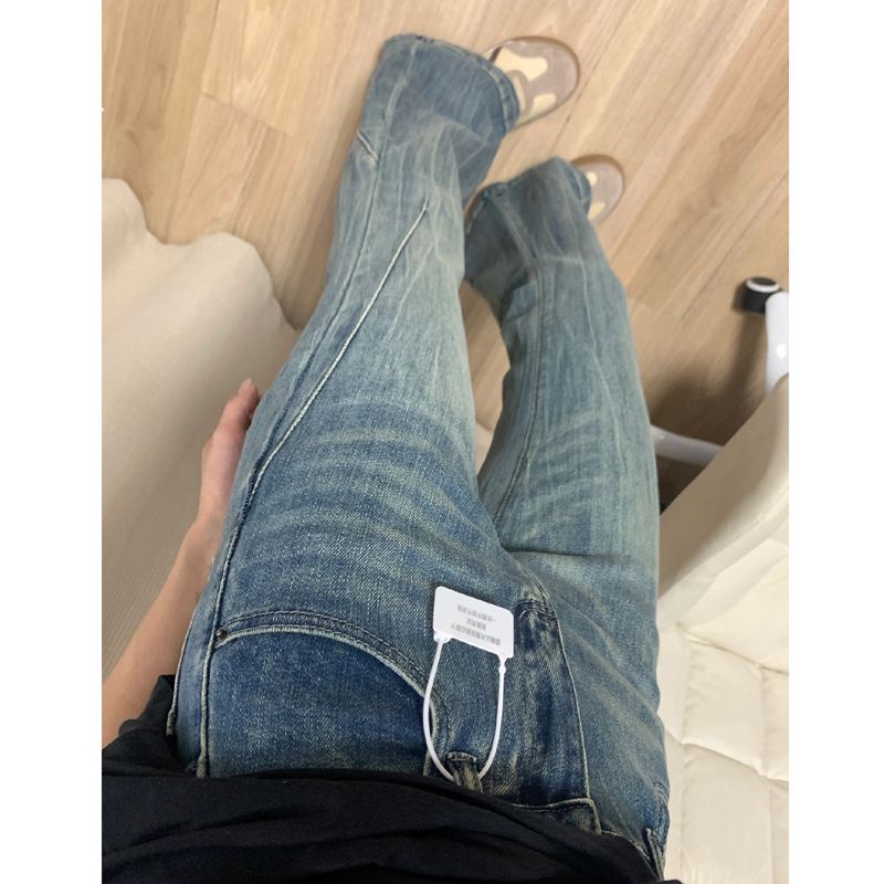 復古做舊淺色高腰牛仔褲女裝春季小個子修身微喇叭褲馬蹄褲拖地褲