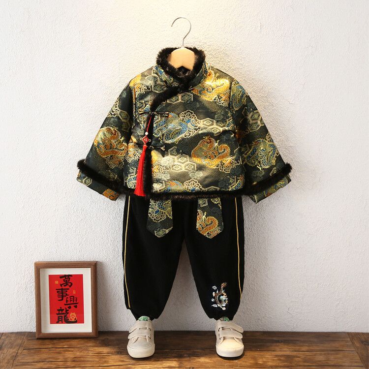 龍年男童加絨古裝漢服2024中國風套裝寶寶拜年服兒童新年少爺唐裝