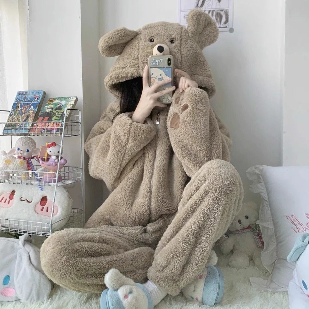 睡衣女秋冬季珊瑚絨加厚加絨2023新款可愛小熊冬款家居服套裝外穿