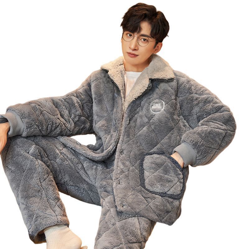 新款睡衣男冬季珊瑚绒三层夹棉加绒加厚保暖可外穿家居服套装