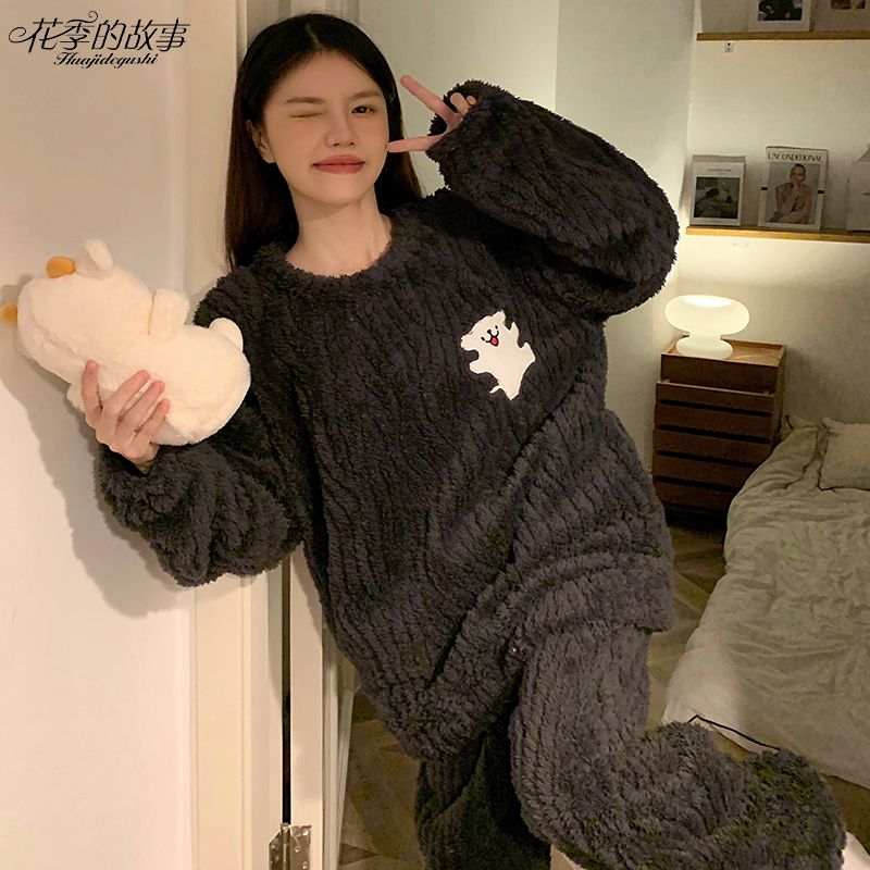 花季的故事線條小狗珊瑚絨新款睡衣女秋冬季長袖套裝網紅款家居服