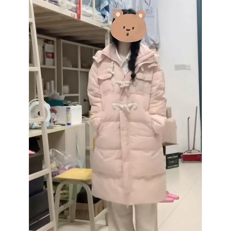 冬季保暖新款粉色牛角扣连帽面包服女中长款宽松加厚韩版棉衣外套