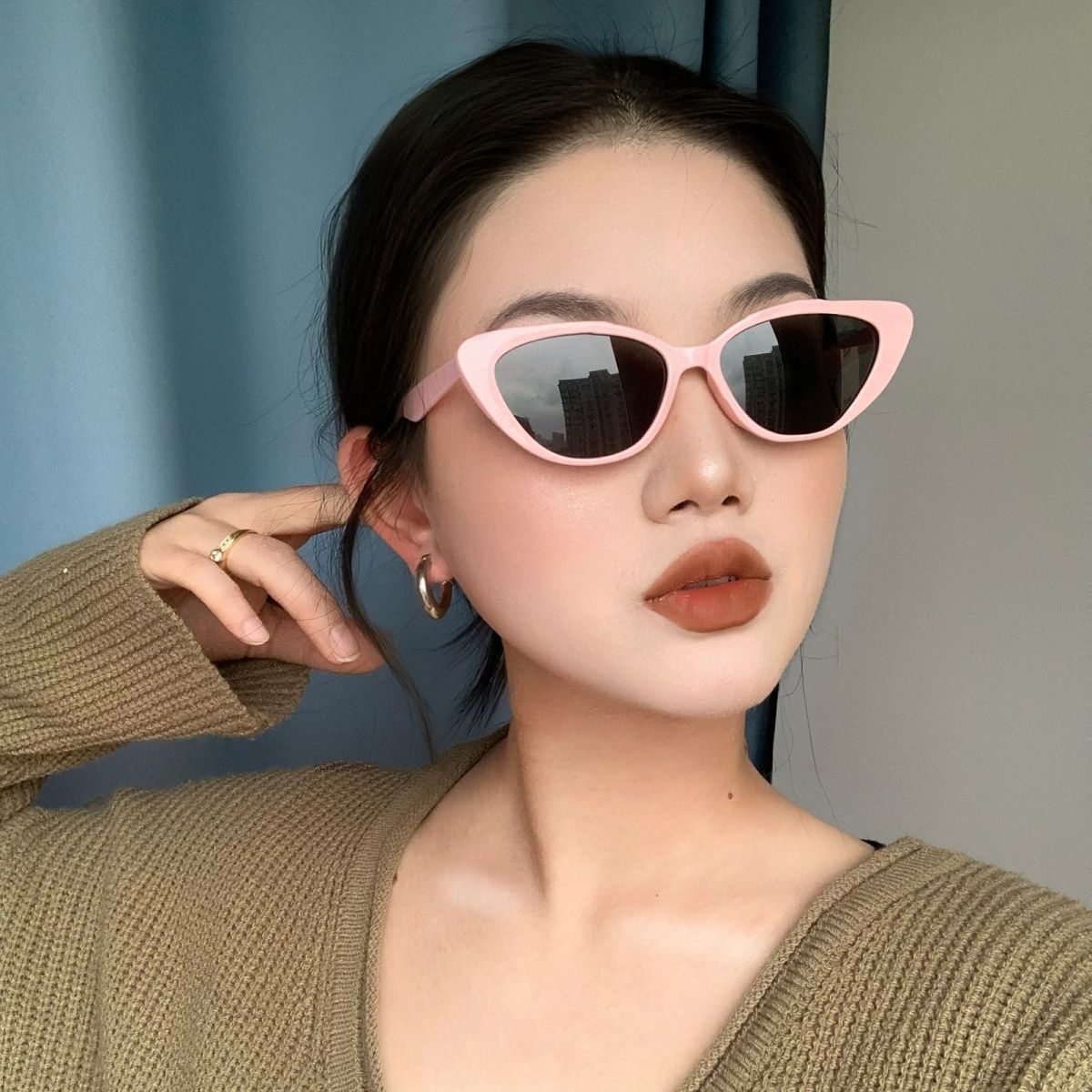 韓國ins小眾高級感復古百搭貓眼粉色墨鏡女防曬顯臉小框太陽眼鏡