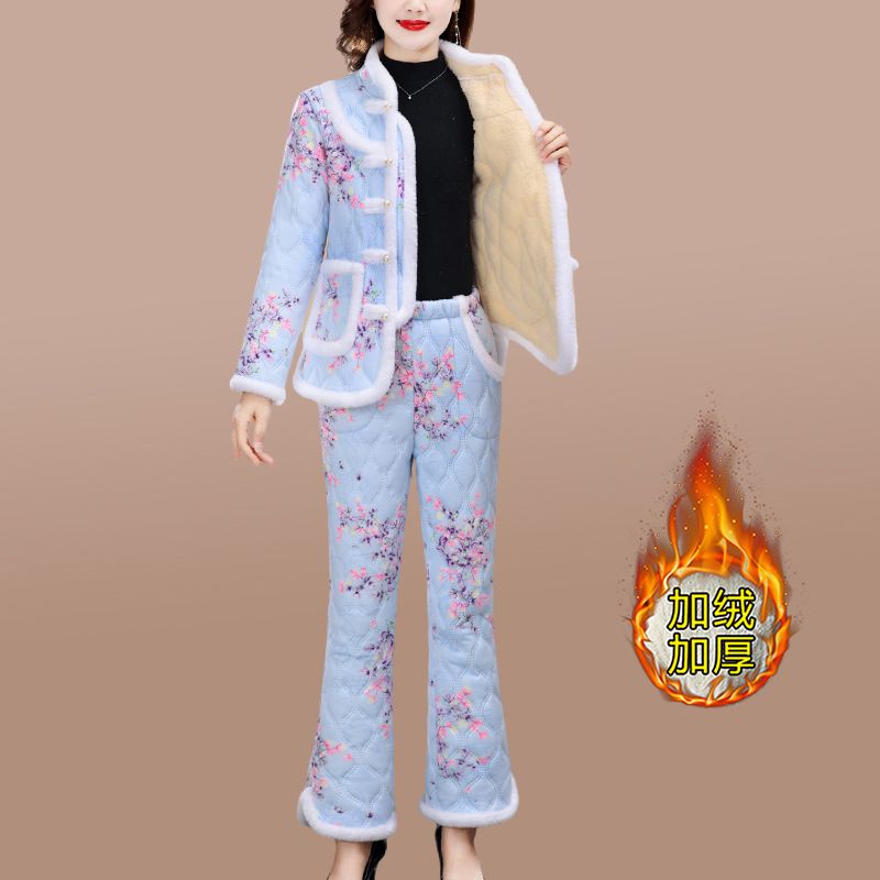 爆款媽媽冬裝棉襖棉褲套裝加絨加厚民族風棉衣中老年女棉服兩件套