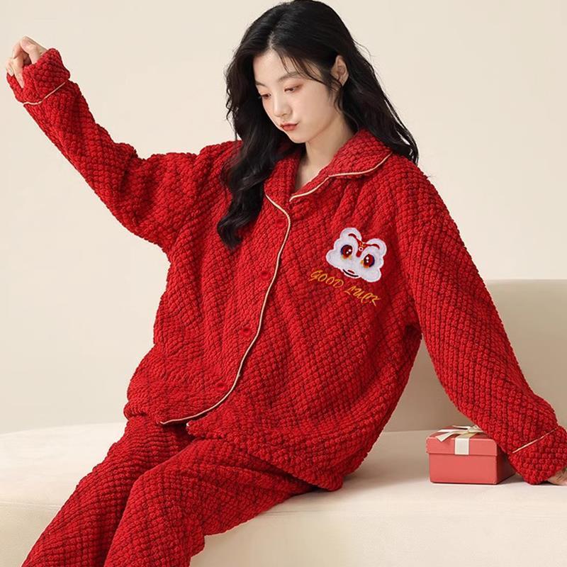 Zodiac Year Red Pajamas Autumn and Winter  New Coral Velvet Plus Velvet Thickened Warm Home Clothing Set for Women