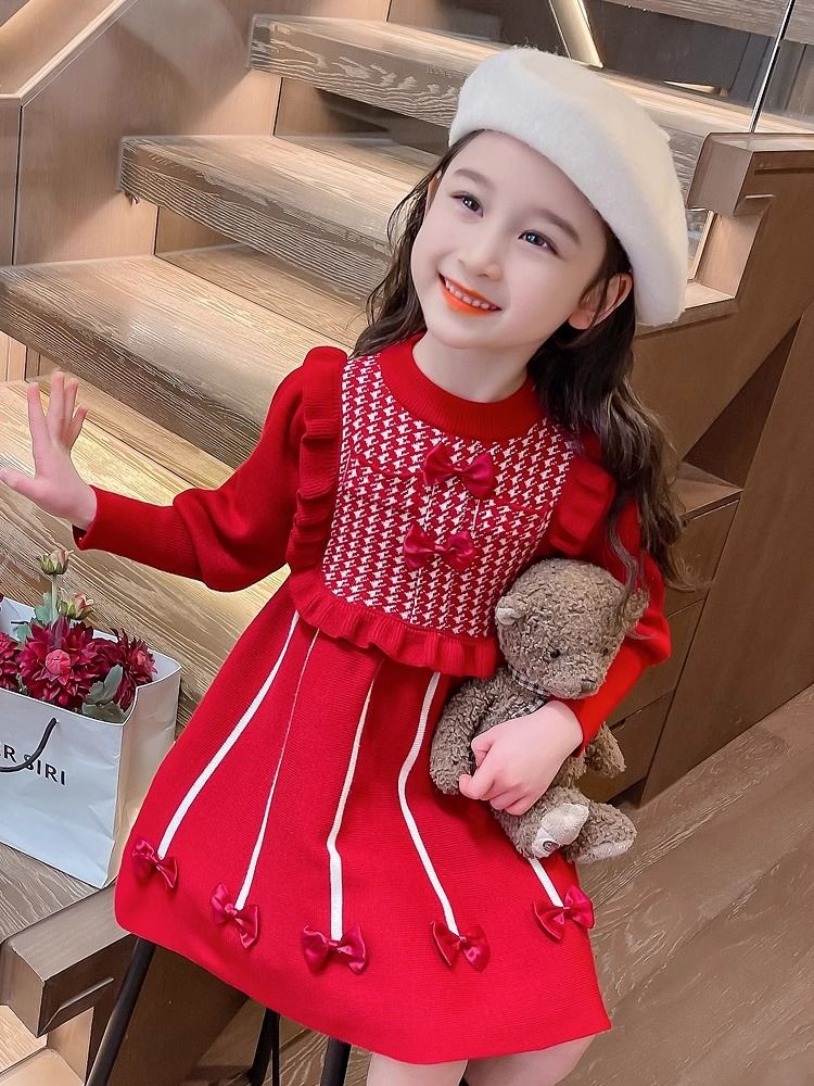 Girls Dress Autumn and Winter 2023 New Style Children's Skirt Baby New Year's Eve Sweater Dress Winter