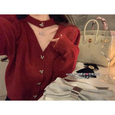 PROMONE紅色聖誕毛衣女秋冬高級感內搭掛脖上衣設計感v領針織開衫