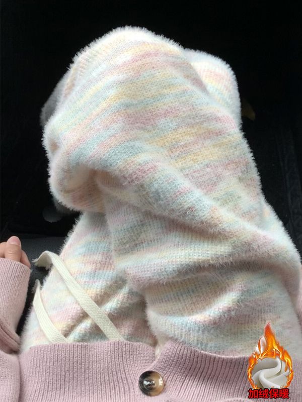 加絨彩虹色糯米褲女秋冬新款高腰垂感寬鬆休閒直筒軟糯針織闊腿褲