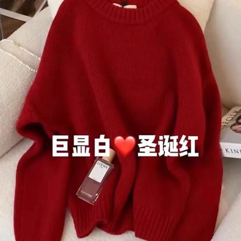 復古高級感聖誕紅色浣熊絨套頭毛衣女秋冬慵懶風本命年新年針織衫
