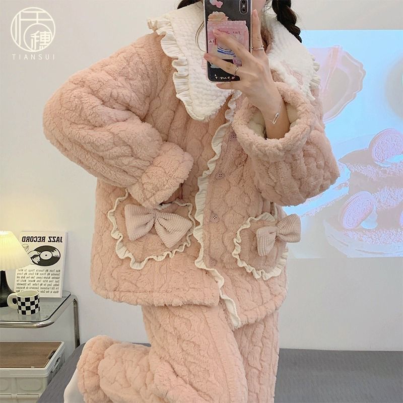 冬季珊瑚絨睡衣女三層夾棉襖秋冬款加厚加絨冬天保暖法蘭絨家居服