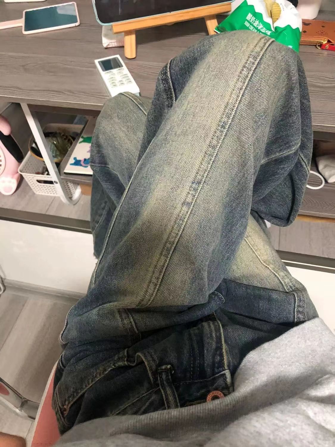 復古闊腿高腰牛仔褲女秋季新款美式直筒寬鬆顯瘦辣妹毛邊拖地褲子