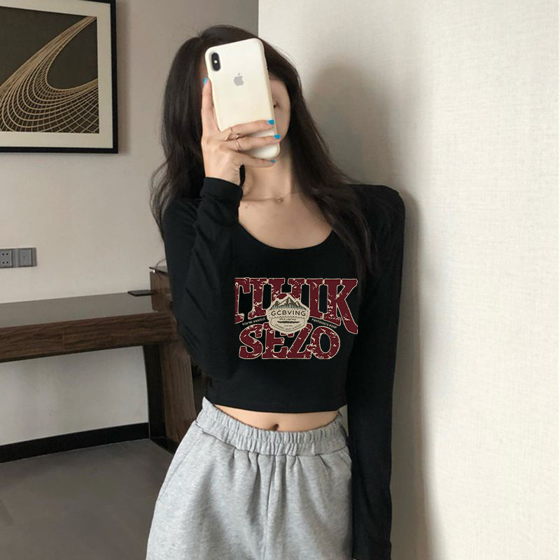 網紅春秋正肩U領純棉長袖T恤女外穿內搭辣妹上衣短款百搭打底衫