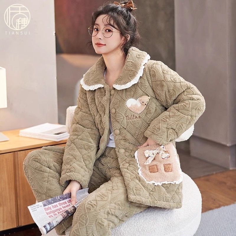 珊瑚絨睡衣女冬季加絨加厚三層夾棉2023新款保暖高級感家居服套裝