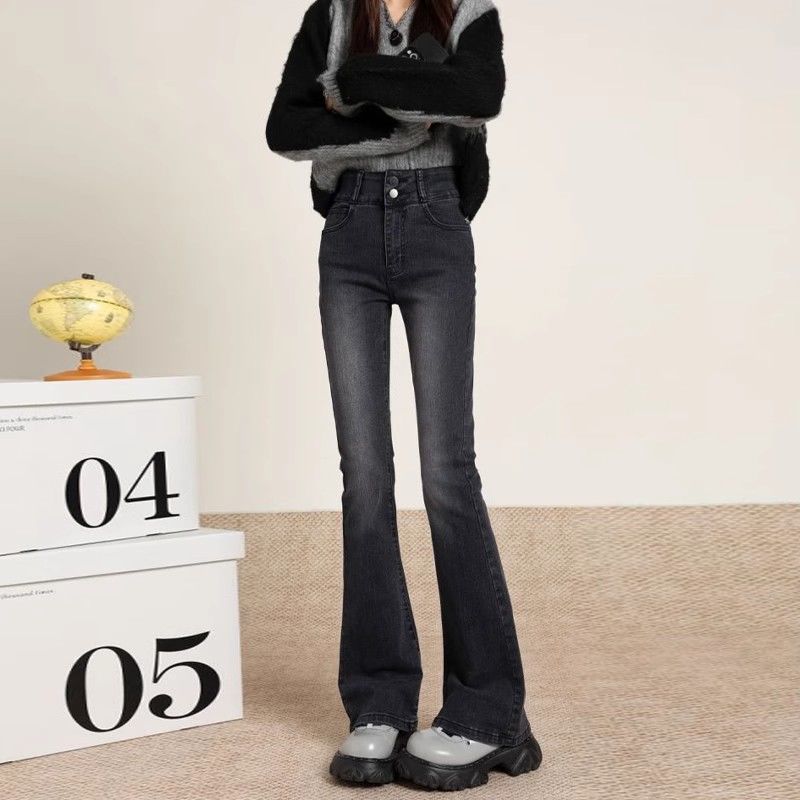 黑灰色微喇牛仔裤女秋冬时尚感新款高腰显瘦显高小个子喇叭马蹄裤
