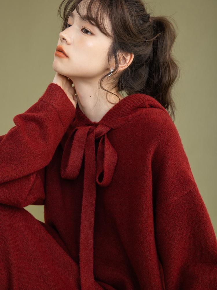 PROMONE Retro Red Dress Women's Autumn and Winter Lazy Style Hooded Sweater Dress Knitted Skirt with Bottoming Skirt
