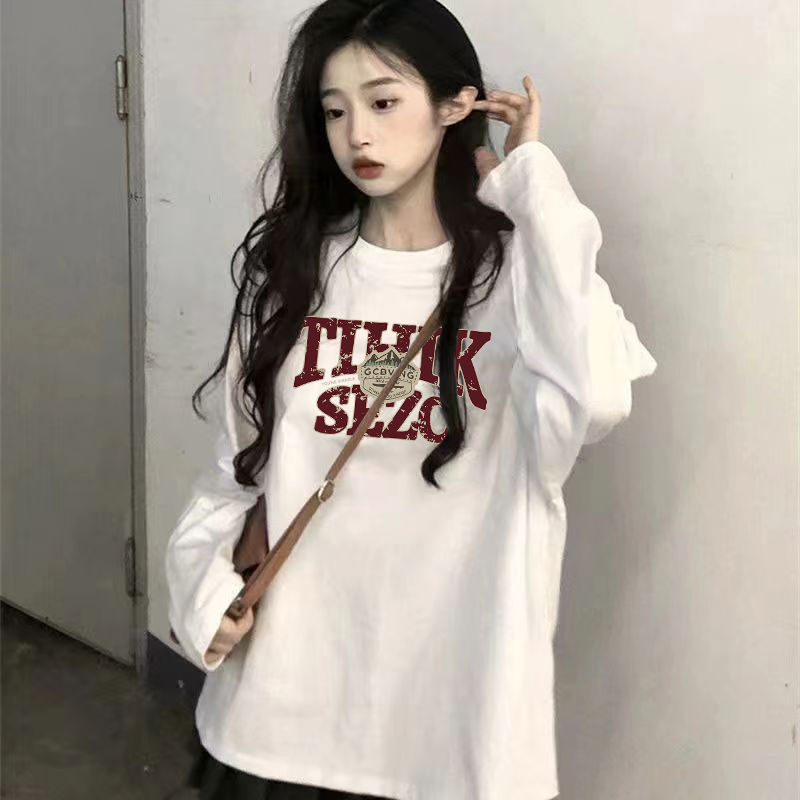 打底衫女春秋白色上衣長袖T恤設計大碼上衣寬鬆休閒秋冬學生打底