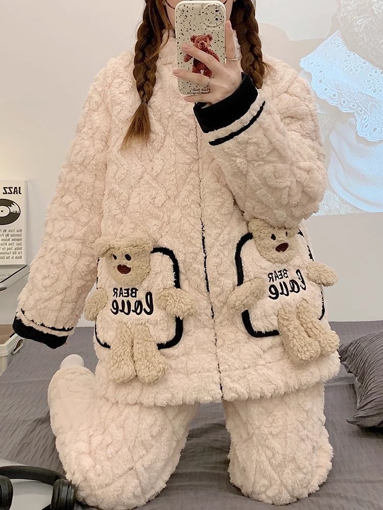 睡衣女冬季三層夾棉加厚加絨珊瑚絨保暖可愛小熊拉鏈款家居服套裝