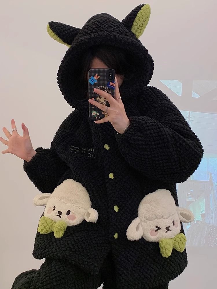 秋冬季天法蘭絨睡衣女大碼超厚三層夾棉珊瑚絨加絨加厚家居服套裝