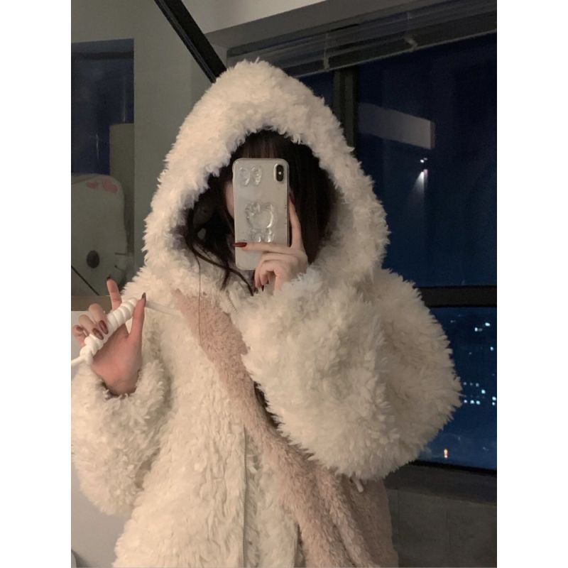 芭比熊毛毛外套女秋冬美拉德韓版羊羔毛連帽寬鬆保暖毛絨超厚大衣