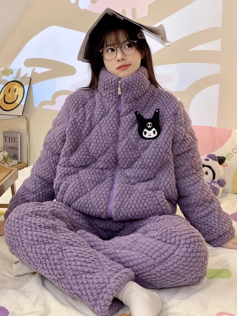 可愛庫洛米睡衣女冬季珊瑚絨三層加厚夾棉襖2023新款法蘭絨家居服