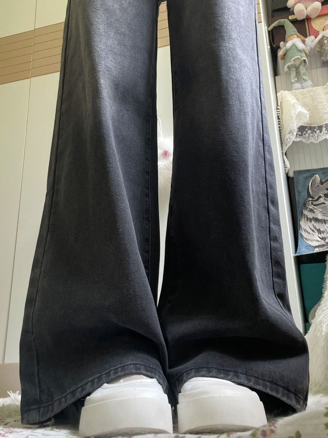 加絨加厚微喇牛仔褲秋冬季大碼胖妹妹高腰寬鬆顯瘦黑色直筒喇叭褲