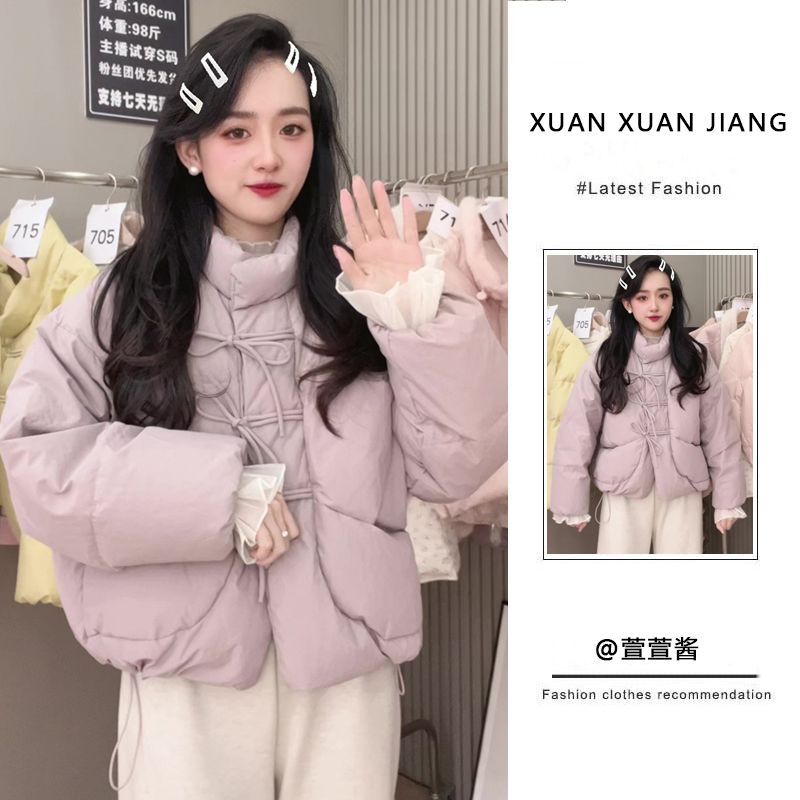 Korean version of sweet strappy stand-up collar cotton coat for women winter 2023 new loose and versatile warm cotton coat jacket