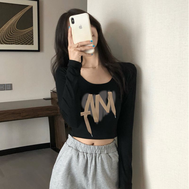 純欲風辣妹u領長袖t恤女秋季高腰露臍黑色內搭打底衫修身短款上衣