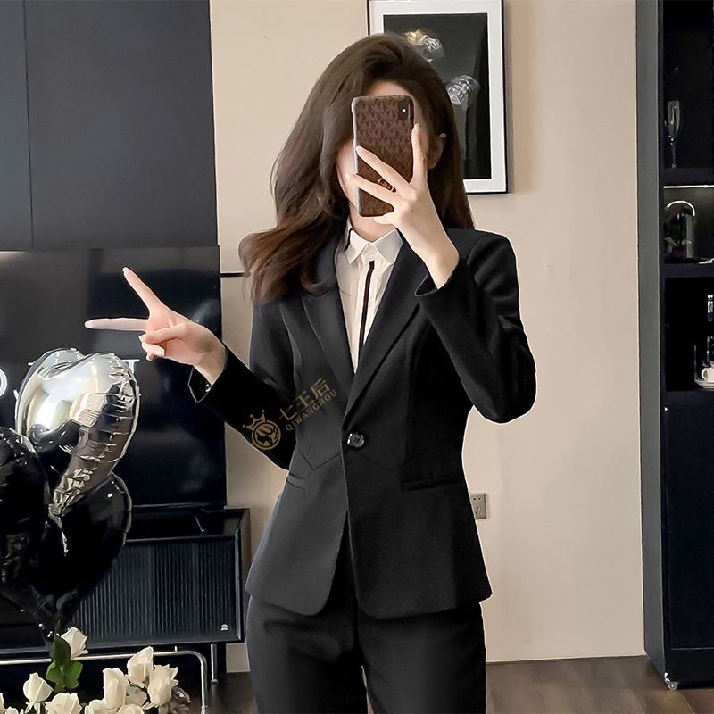 Black small suit jacket, women's slim temperament work clothes, spring and autumn work clothes for small people, formal business suits