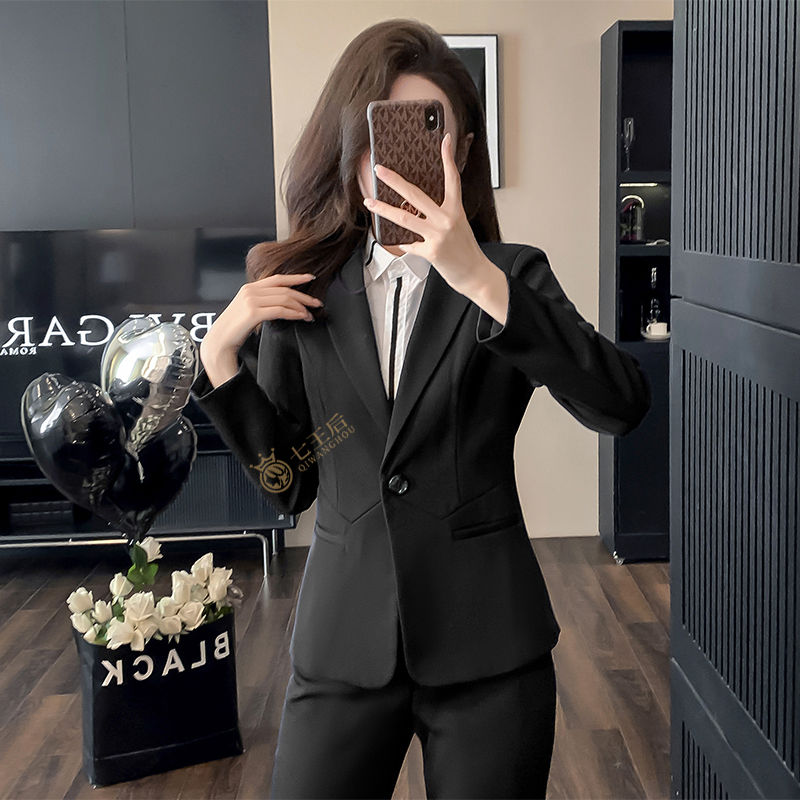 Black small suit jacket, women's slim temperament work clothes, spring and autumn work clothes for small people, formal business suits