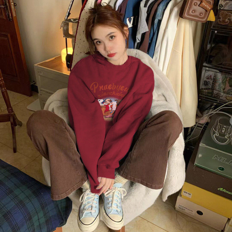 酒紅色加絨聖誕衛衣女秋冬款2023新款爆款本命年龍年慵懶圓領上衣
