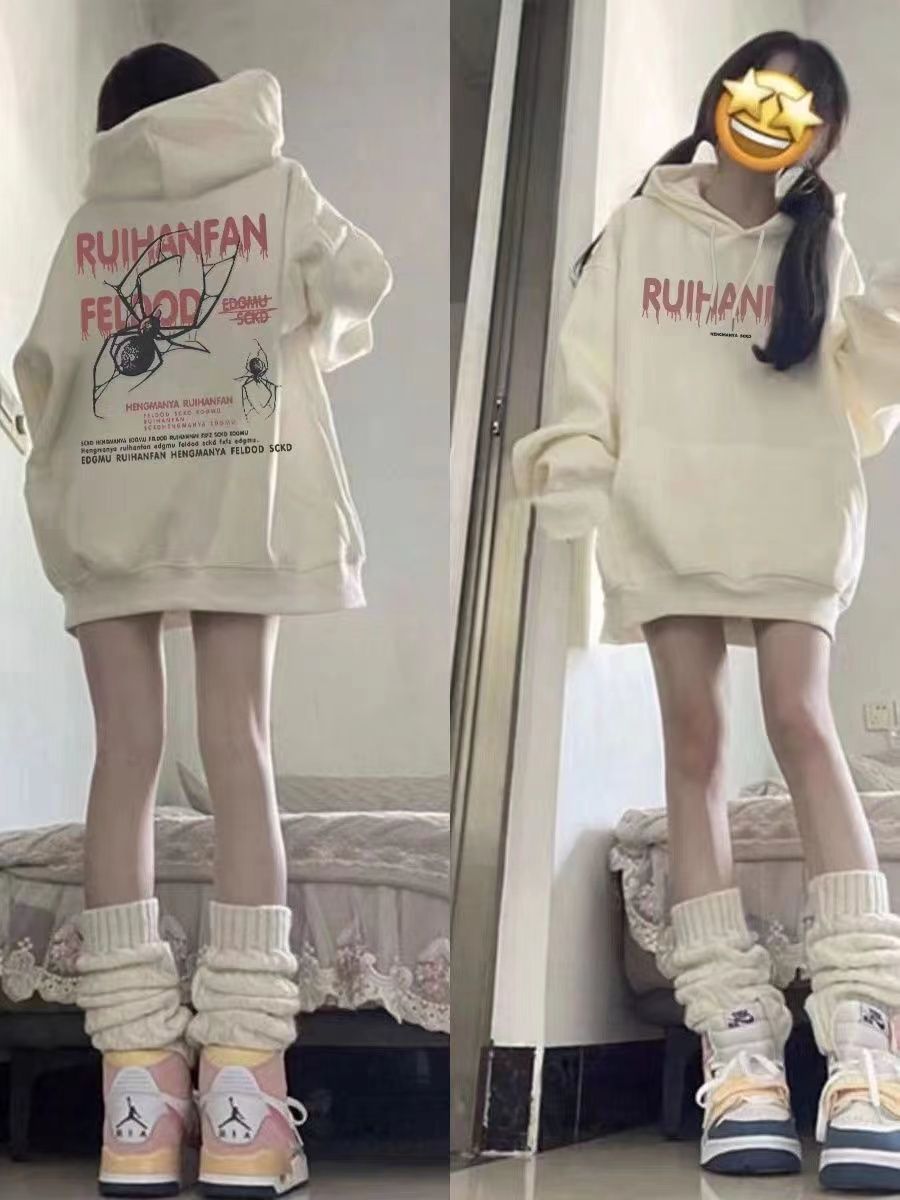 國潮嘻哈秋冬新款加絨加厚連帽衛衣女ins潮大碼休閒寬鬆百搭外套