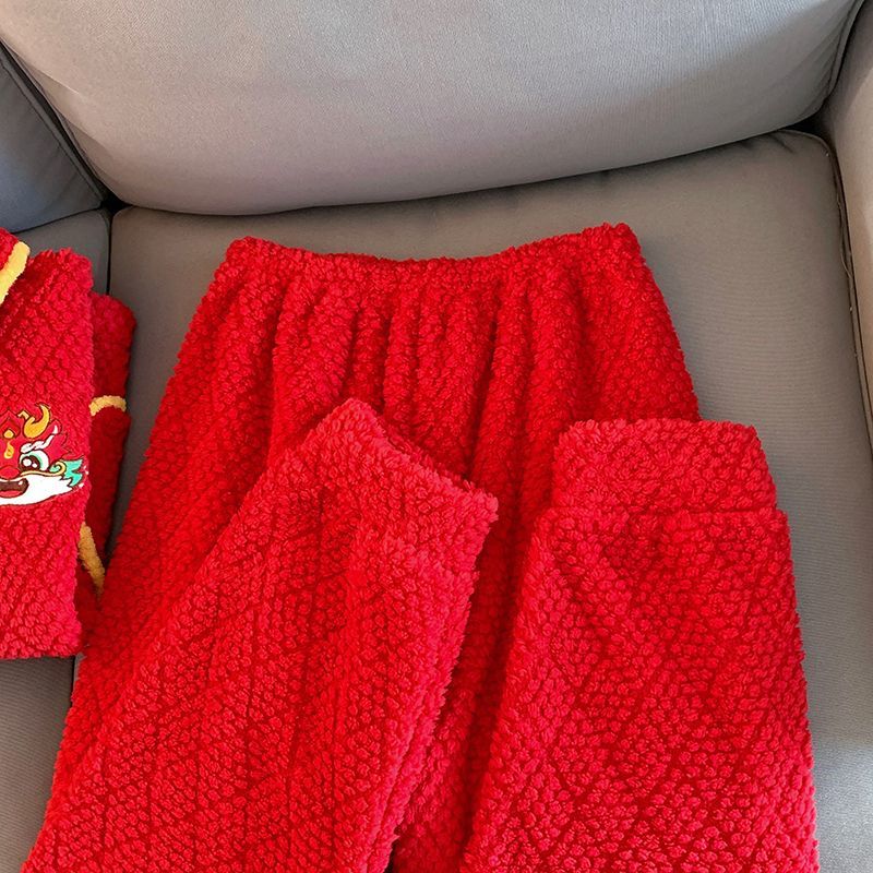 New year, this year's destiny, red coral velvet pajamas for women, autumn and winter thickened flannel, can be worn outside, home wear set